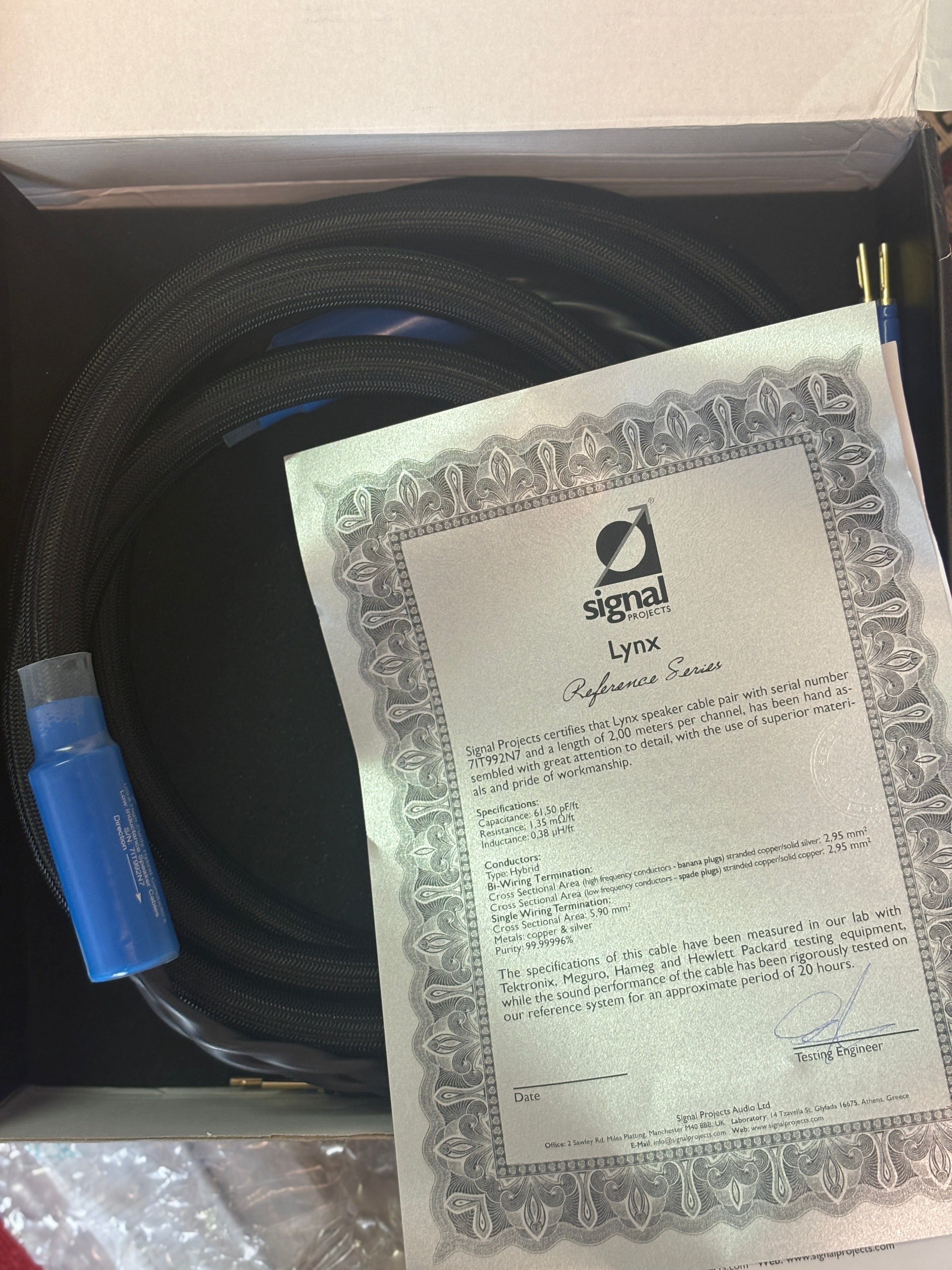 Signal Projects Lynx Speaker Cables - 2m+2m - EX DEMO